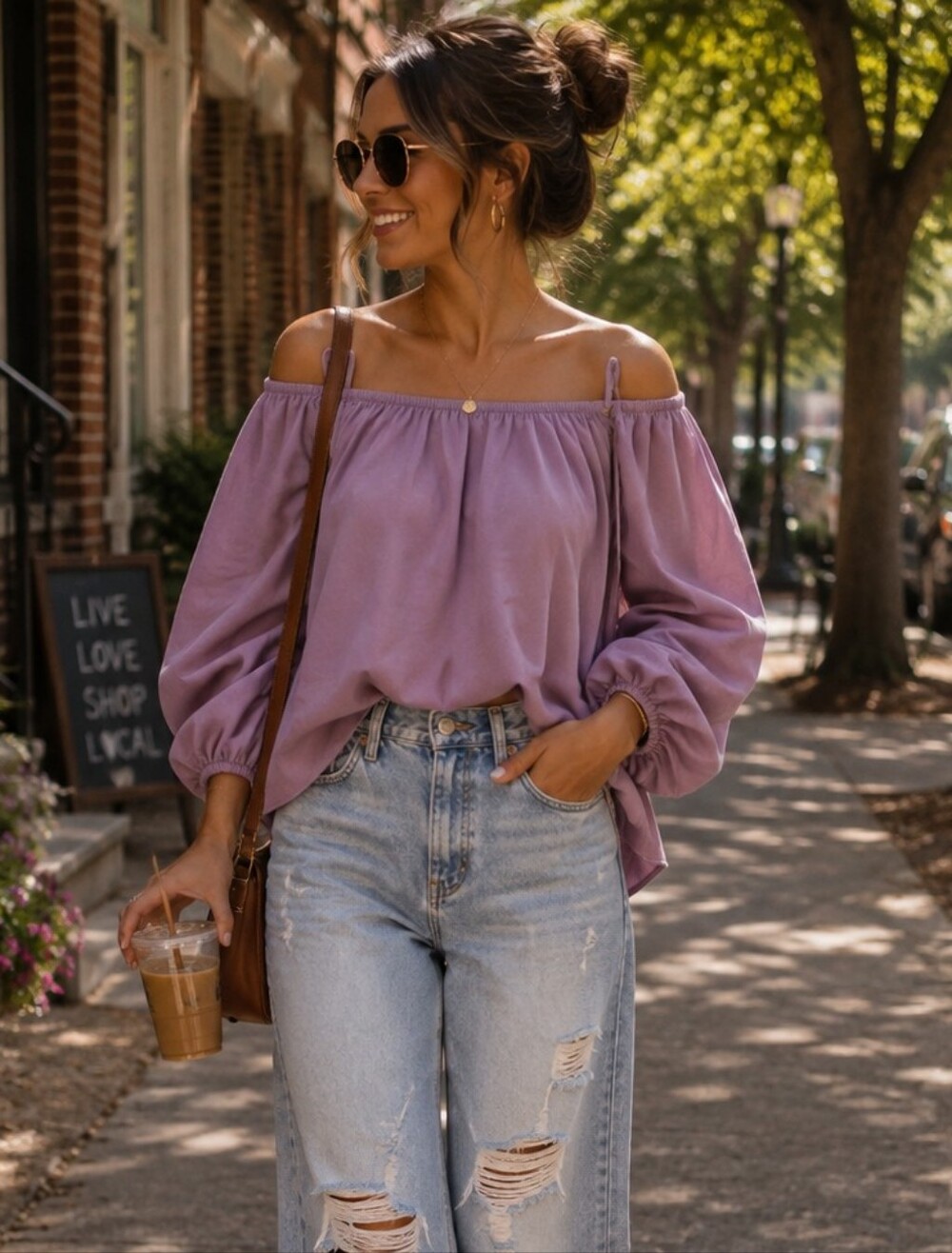 lavender field Mauve Off-Shoulder Puff Sleeve Crop Top